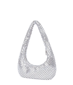 Detailed view of silver metal mesh texture and zipper closure on hobo evening bag