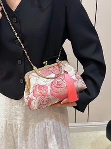 Vintage floral embroidery crossbody bag with gold chain and silk tassel for women