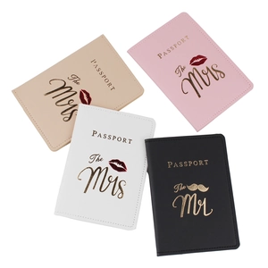 Mr and Mrs PU leather passport covers in beige, pink, white, and black with gold foil logo