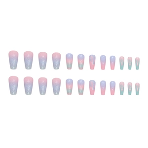 Macaron gradient glitter press-on nail kit with 24 pieces of pink blue and purple nails