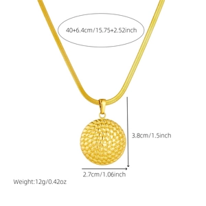 Gold plated stainless steel snake chain necklace with spiral round textured pendant