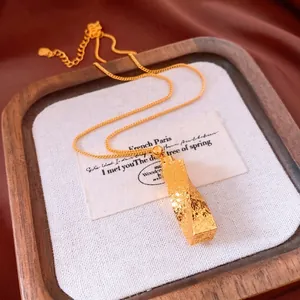 Vintage 24k gold plated twisted rectangle pendant necklace with hammered texture finish