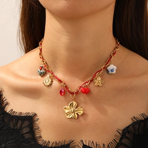 Gold plated sunflower heart ceramic pendant necklace with red woven rope for women