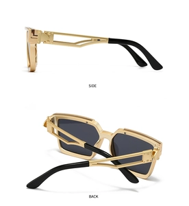 Detailed side and back views of gold geometric metal sunglasses with dark gray lenses
