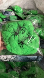 Close-up of Halloween green spider web decor with 2 black spiders and weight label