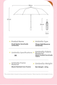 Size chart for folding fruit umbrella showing 95cm open width and 26cm folded length
