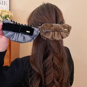 Grande Pince À Cheveux Nœud En Velours Tissu Plissé Acrylique Élégant Style Rétro Français Pour Femmes