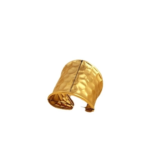 Golden chunky water ripple wide open ring with hammered metal texture on white background