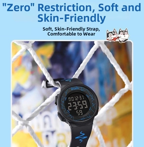 Detail of digital sports watch with round dial showing time and soft textured strap