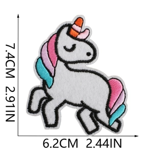 Detailed embroidered unicorn patch with multicolor threads and 7.4cm x 6.2cm dimensions