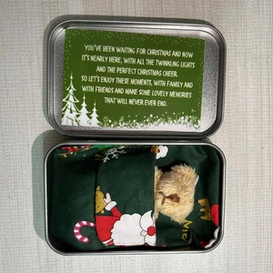 Christmas plush bear in metal tin with Santa themed card on wood background