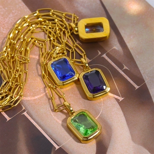 Chic 18K gold plated paperclip chain necklace featuring colorful rectangle zircon pendants