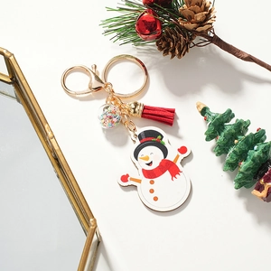 Christmas Snowman Keychain With Red Tassel And Star Sequin Clear Ball Alloy Wood Holiday Bag Charm Decorative Gift