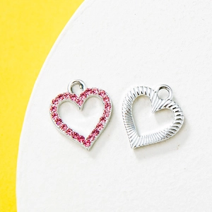Zinc alloy heart pendants with pink rhinestones and silver finish for DIY jewelry