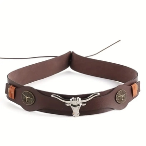 Brown leather cord belt with silver longhorn bull head and bronze circular ornaments