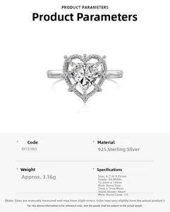 Detailed spec sheet for 925 sterling silver heart ring with 1.0ct zirconia stone