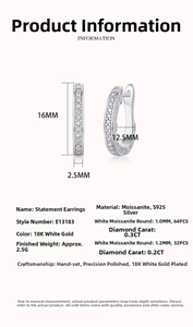 Detailed size chart for 925 silver U-shape hoop earrings with moissanite dimensions