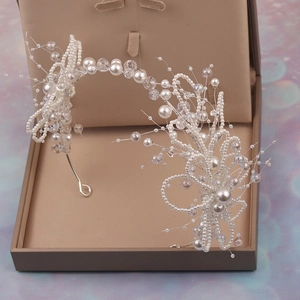Bridal Hair Accessories Handmade Imitation Artificial Pearl Crystal Beads Flower Headband And Earrings For Wedding Women Elegant Romantic