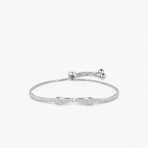 925 Sterling Silver Bowknot Bracelet For Women Adjustable Bolo Box Chain Elegant Cubic Zirconia Pave Jewelry Gift