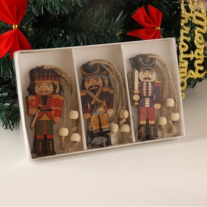 Set of 3 creative nutcracker wooden Christmas tree ornaments in a white gift window box