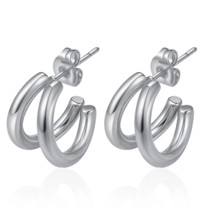 Modern dual-layer C-shaped silver stainless steel stud earrings in polished 18k gold finish