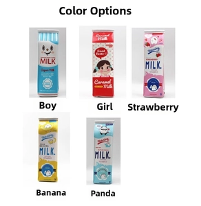 Detailed view of colorful milk carton pencil cases in five cute cartoon character designs