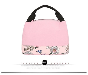 Pink floral lunch bag featuring premium peony print and sturdy black webbing handles