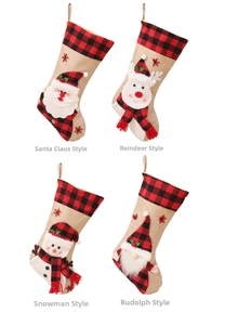 Detailed view of 3D burlap Christmas stockings featuring Santa, Reindeer, and Snowman designs