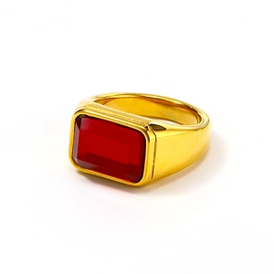 Minimalist 18k gold plated stainless steel ring with a rectangular red gemstone inlay