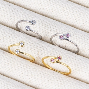 Minimalist 18K adjustable open rings with white and pink cubic zirconia gemstones