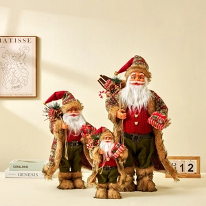 Standing Santa Claus Figurine Christmas Ornament Fabric Faux Fur Classic Vintage Holiday Home Desktop Decoration