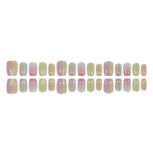 Rainbow cat-eye press-on nails set with macaron gradient finish and square oval shape