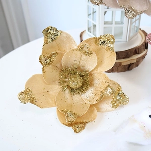 Champagne velvet Christmas flower with gold glitter edges for tree decoration and floral arrangements