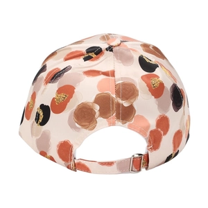 Detail view of the floral baseball cap back with adjustable strap and metal buckle