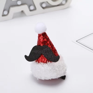 Sparkly red sequin Christmas hat hair clip with plush white trim and black beard detail