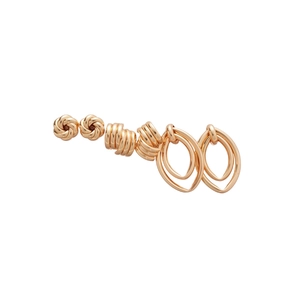 Three-piece gold metal earring set featuring knot studs and textured hoop earrings
