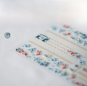 Macro detail of 5D translucent nail stickers with traditional Chinese floral patterns
