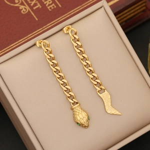 Golden snake-shaped stainless steel earrings with green eyes and chain link design