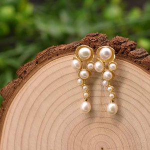 Natural Freshwater Pearl Long Dangle Earrings With 925 Sterling Silver Earring Post 18K Gold Plated Organic Texture Women
