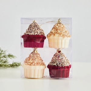 Set of 4 flocked cupcake Christmas ornaments with gold sequins in a clear display box
