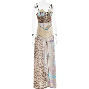 Close-up of leopard print and lace patchwork detail on summer spaghetti strap dress