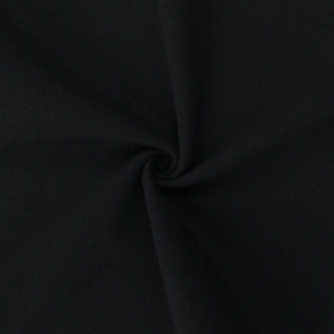 Close-up of black cotton blend fabric showing fine texture and resilient spiral folds