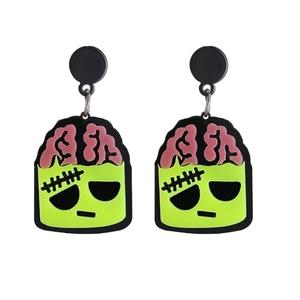 Quirky Frankenstein acrylic earrings in neon green and black with a unique brain design