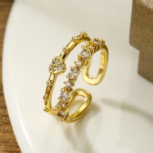Minimalist double-layer gold plated ring with zircon heart and adjustable open band