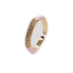 Detailed view of adjustable gold-plated ring with pink enamel and sparkling zircon accents