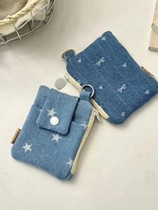 Denim fabric card holders with star and bow patterns, featuring metal D-ring clips