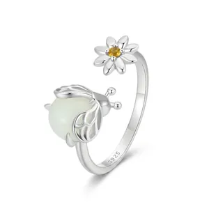 S925 sterling silver firefly open ring with bee and flower charms and luminous bead