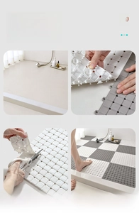 Detail showing modular TPE bathroom floor mats with snap-lock assembly and easy trimming