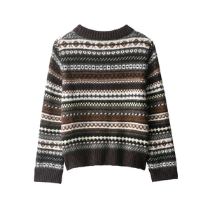 Women's Fair Isle jacquard knit sweater with classic crew neck in brown and beige