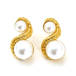 Élégantes boucles d'oreilles dorées en S avec double perles blanches pour femmes